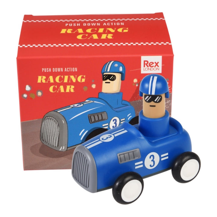 REX LONDON PUSH DOWN ACTION RACING CAR, BLUE