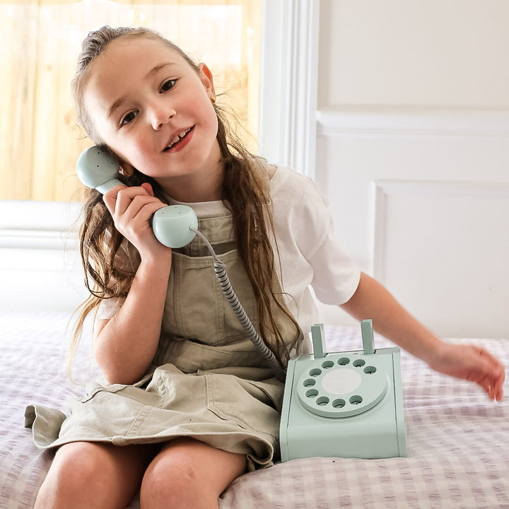 IMAGINE THAT WOODEN ROTARY TELEPHONE, AQUA GREEN