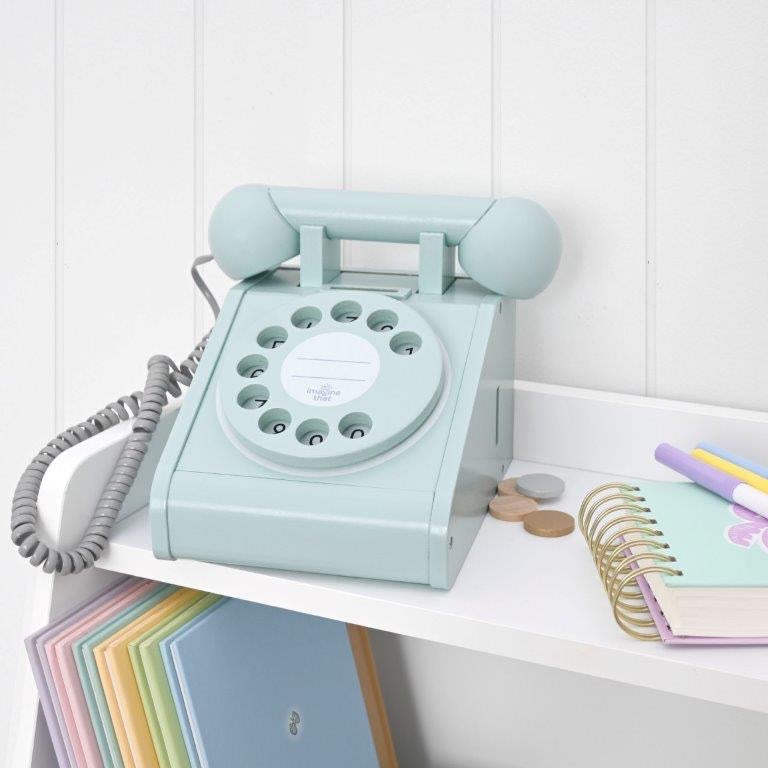 IMAGINE THAT WOODEN ROTARY TELEPHONE, AQUA GREEN