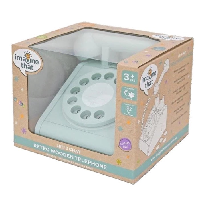 IMAGINE THAT WOODEN ROTARY TELEPHONE, AQUA GREEN