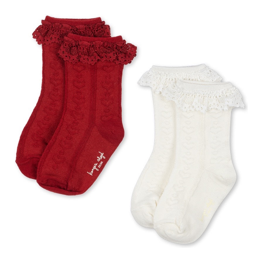 Konges Sløjd 2 Pack Pointelle Frill Socks, Red/Off White