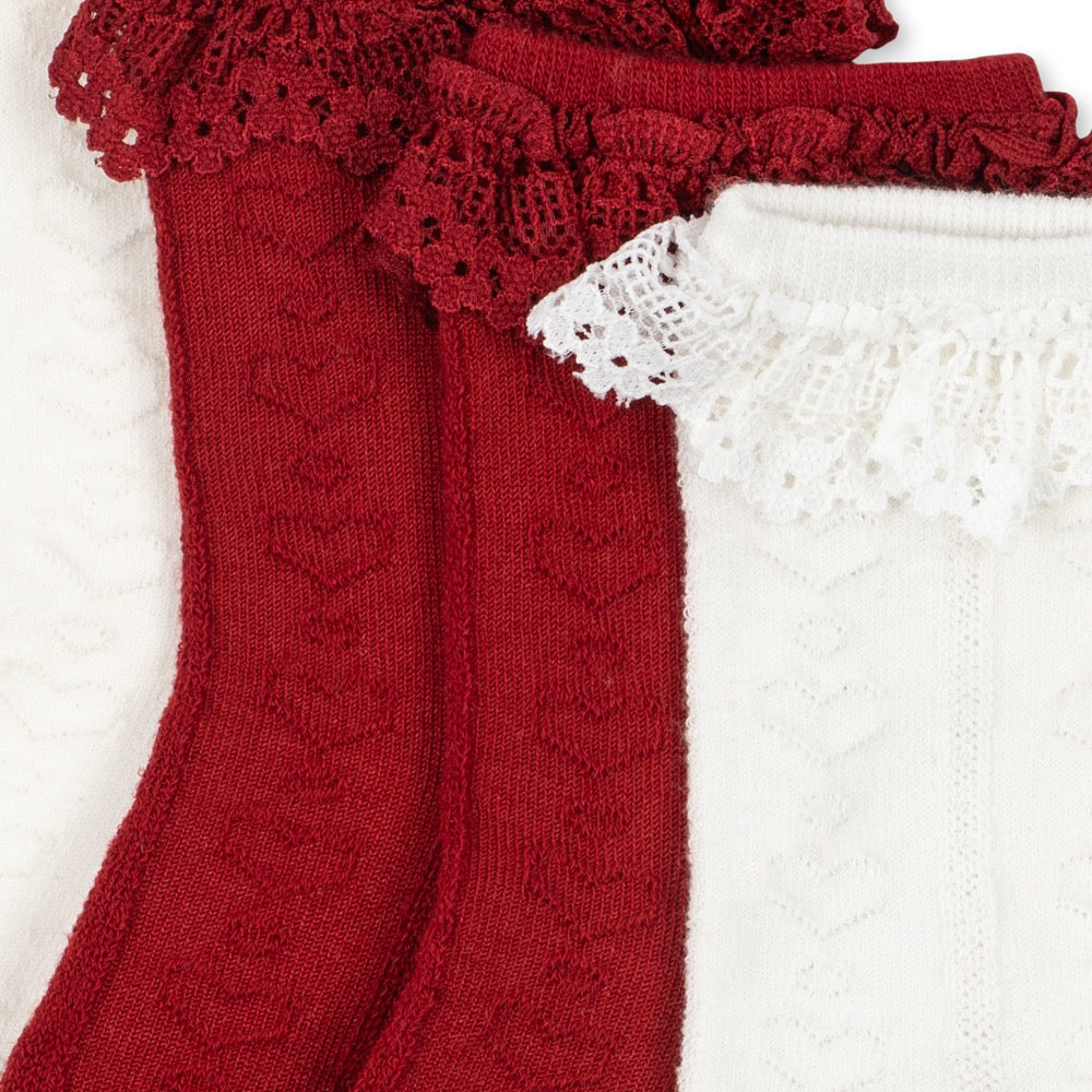 Konges Sløjd 2 Pack Pointelle Frill Socks, Red/Off White