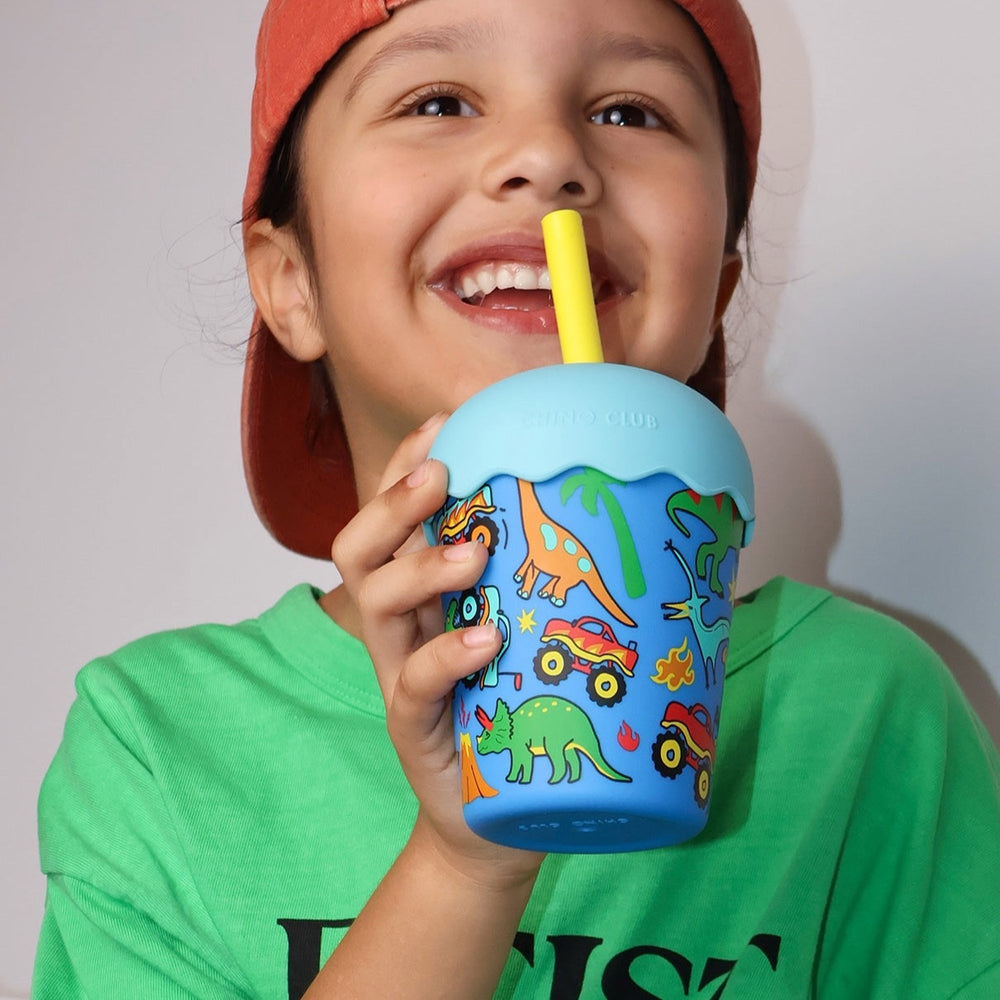 CHINO CLUB MINI SMOOTHIE CUP & STRAW, DINOTRUCKS