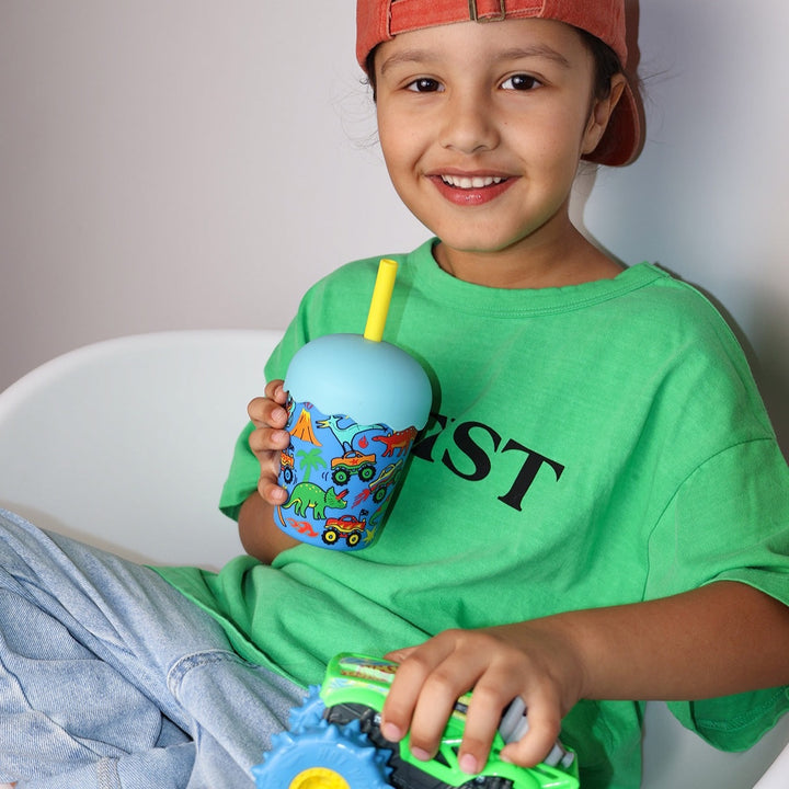 CHINO CLUB MINI SMOOTHIE CUP &amp; STRAW, DINOTRUCKS