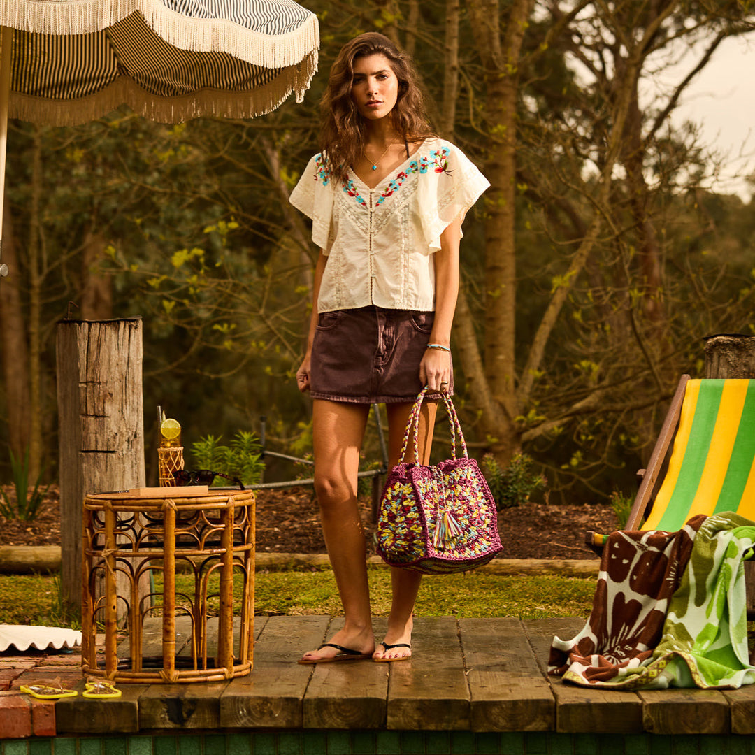SAGE &amp; CLARE SOLARA CROCHET BAG, BURNT CHERRY