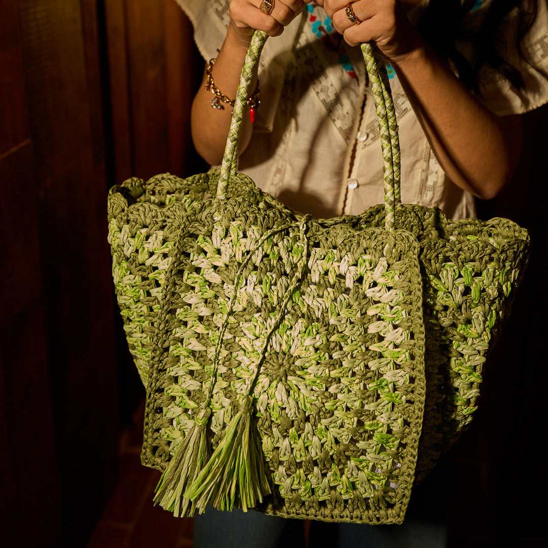 SAGE &amp; CLARE SOLARA CROCHET BAG, HUNTER GREEN