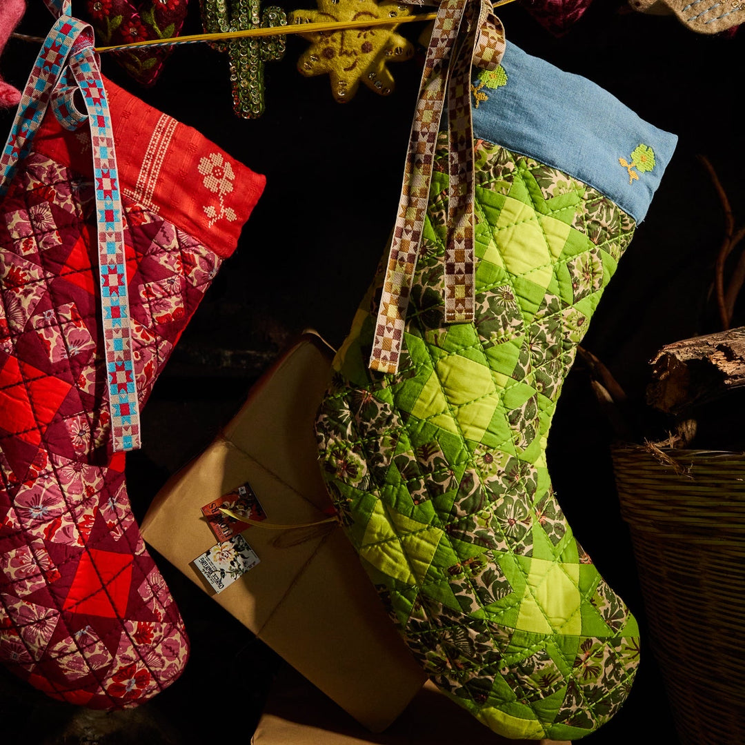 SAGE &amp; CLARE MAGNOLIA PATCHWORK STOCKING, CACTUS GREEN