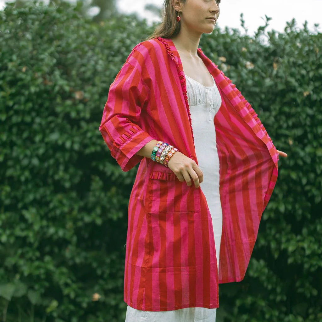MATILDA RED PINK STRIPE FRILL COTTON ROBE