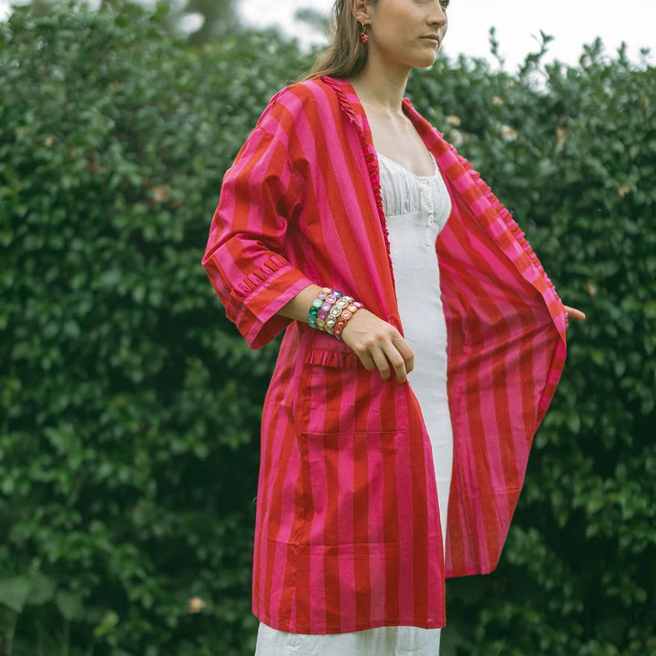 MATILDA RED PINK STRIPE FRILL COTTON ROBE