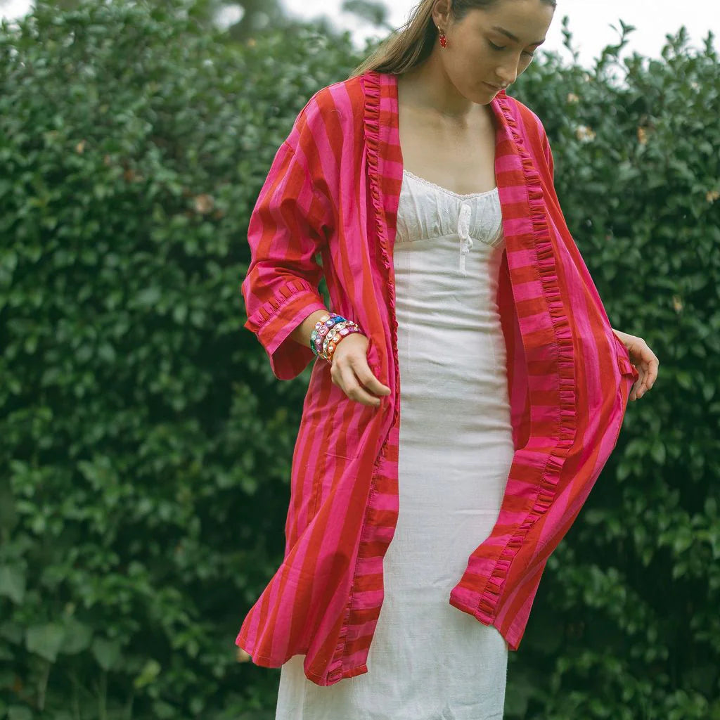 MATILDA RED PINK STRIPE FRILL COTTON ROBE