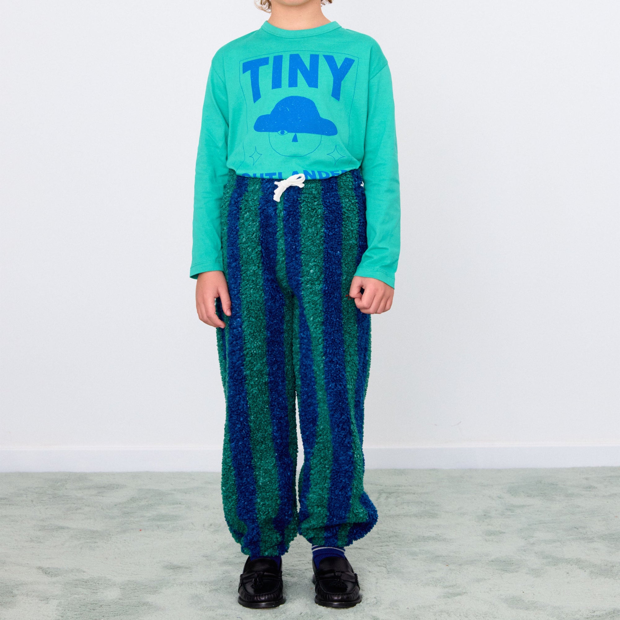 TINY COTTONS STRIPES SHERPA SWEATPANT: DARK GREEN/LIGHT NAVY