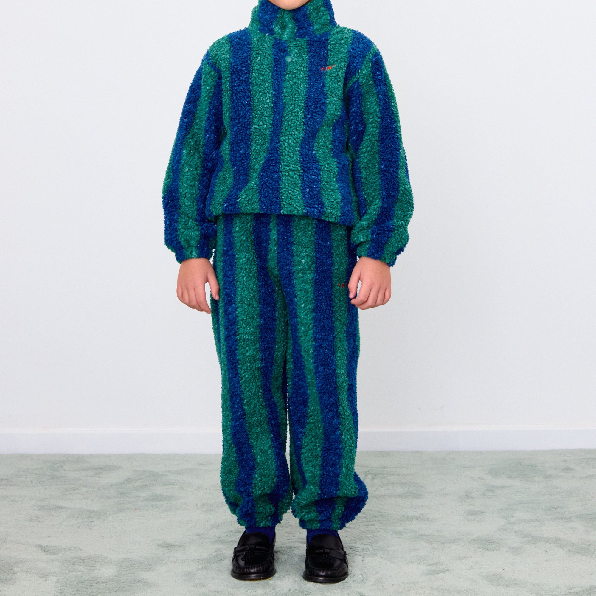 TINY COTTONS STRIPES SHERPA SWEATPANT: DARK GREEN/LIGHT NAVY