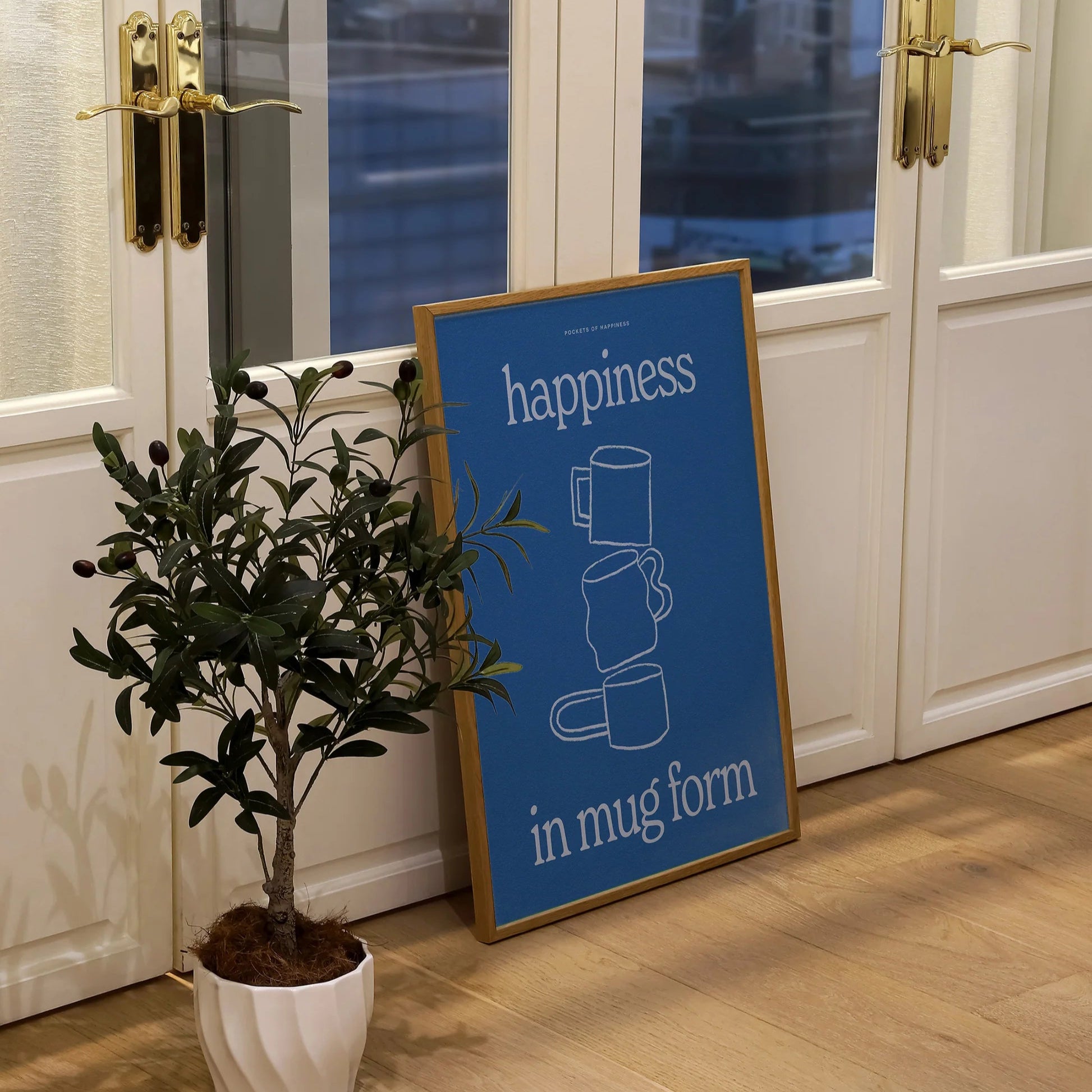 PROPER GOOD HAPPINESS IN MUG FORM PRINT: A4/OAK FRAME