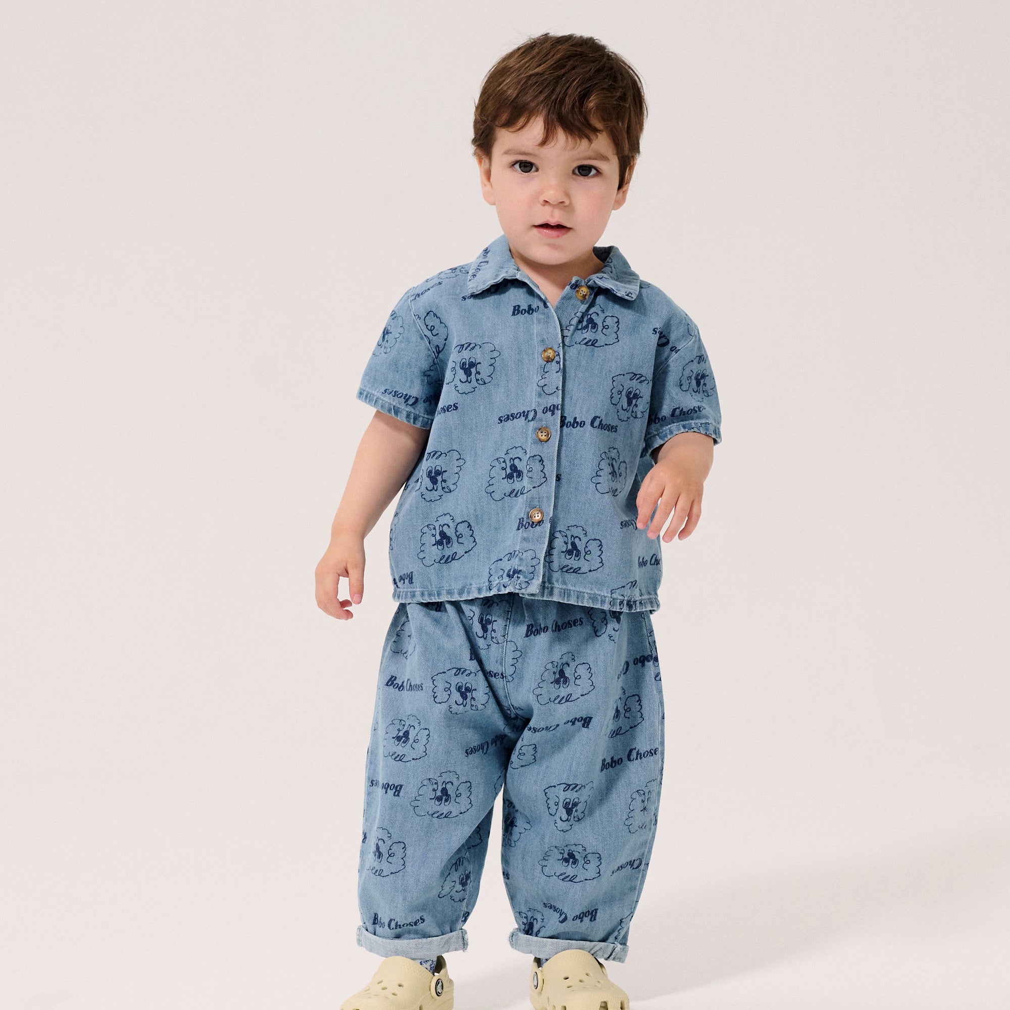 BOBO CHOSES PICKLES THE DOG ALL OVER DENIM PANTS: PRUSSIAN BLUE