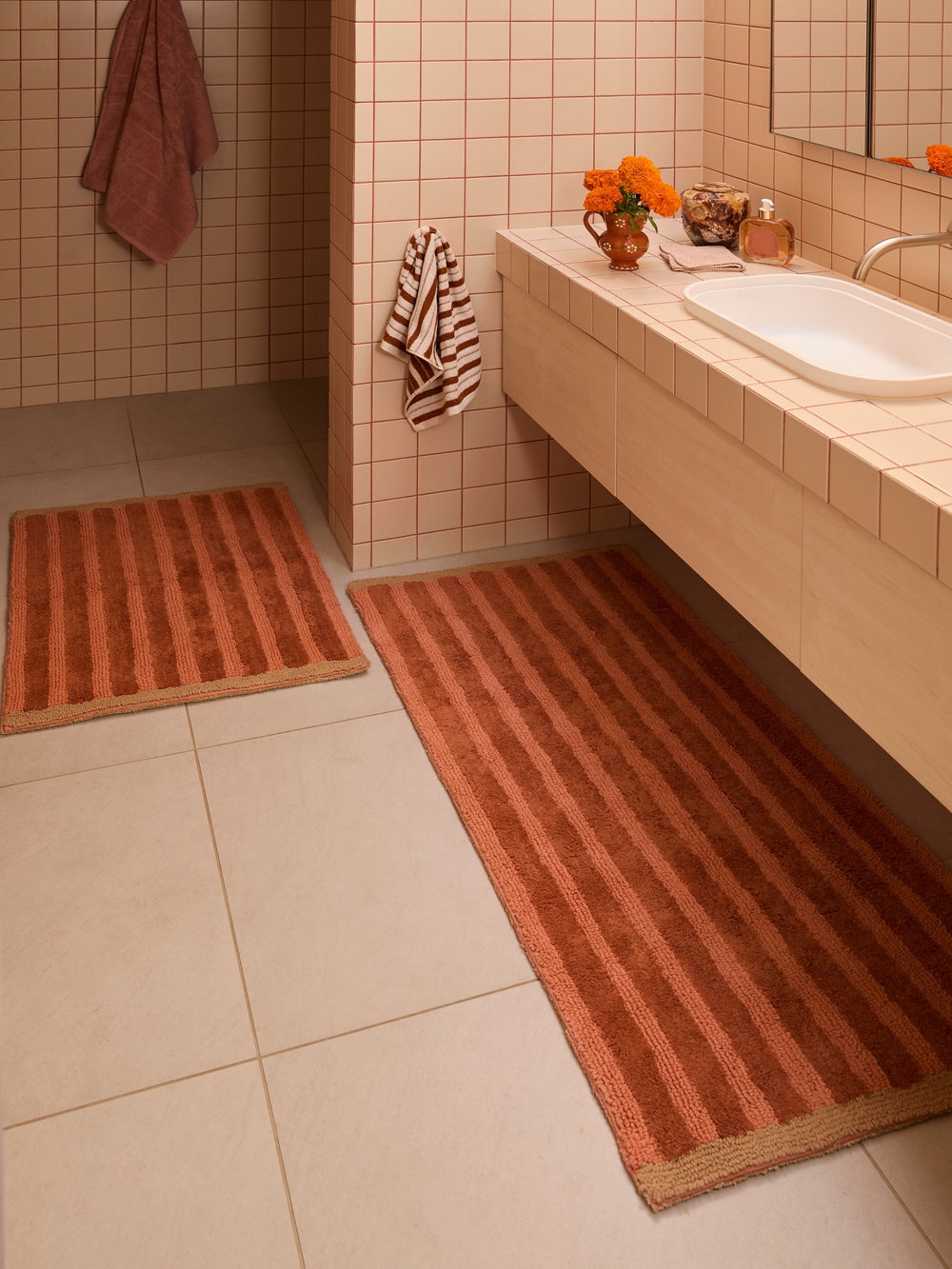 Bonnie and Neil stripe reversible long bath mat in terracotta