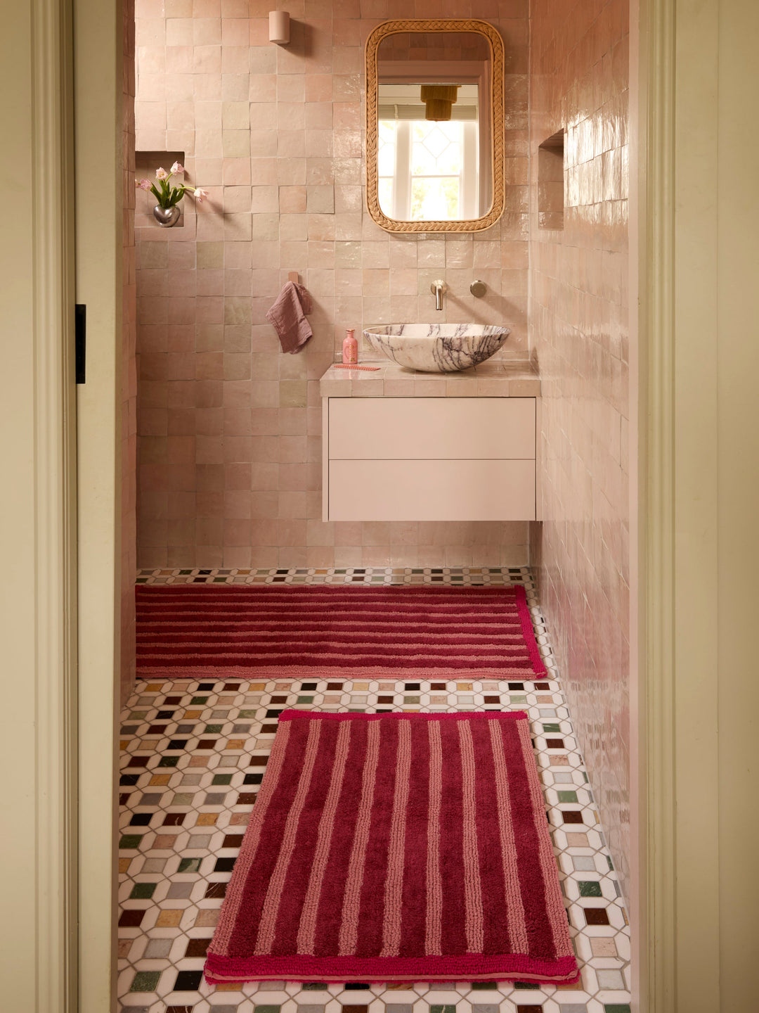 Bonnie and Neil stripe reversible bath mat in burgundy