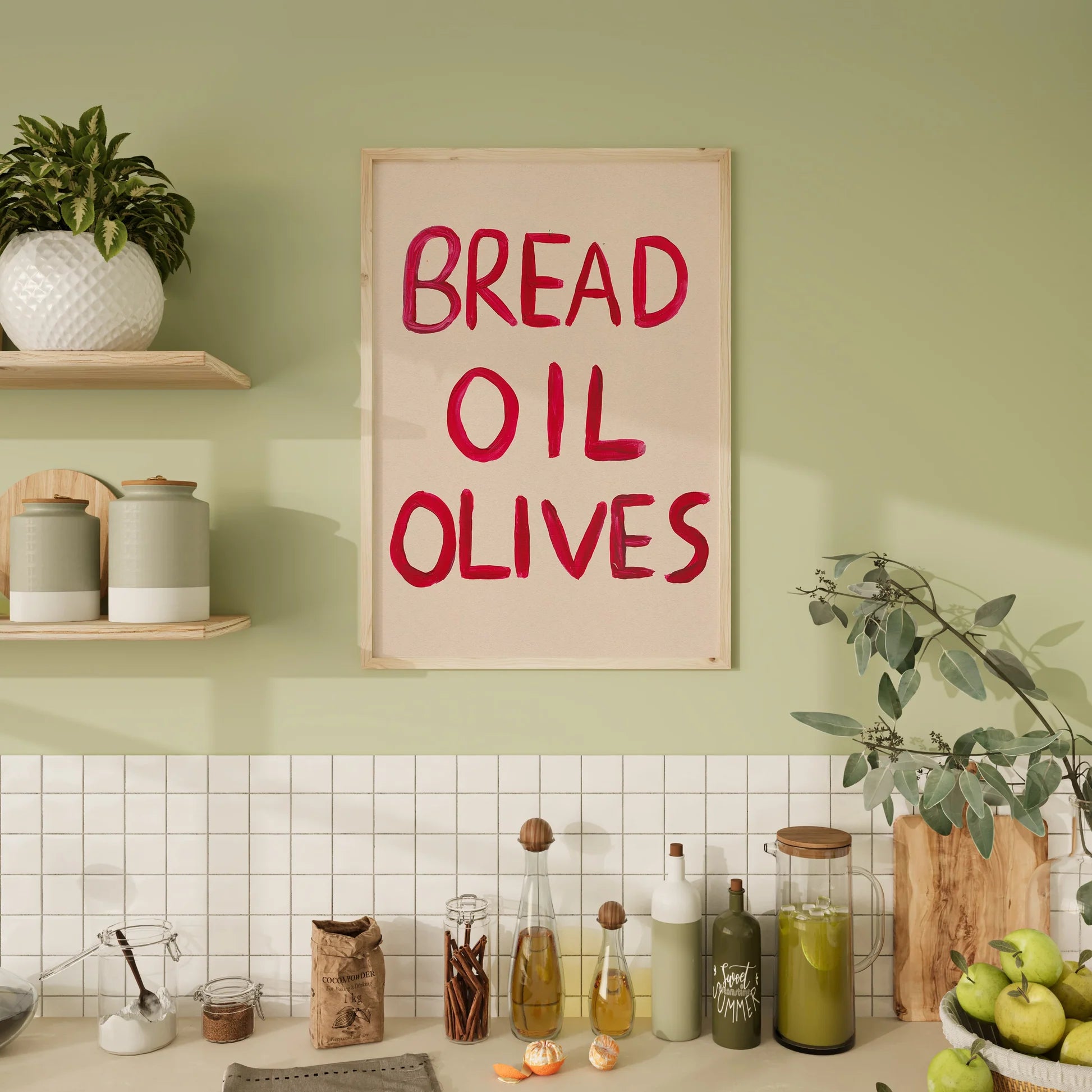PROPER GOOD BREAD OIL OLIVES PRINT: A2/OAK FRAME