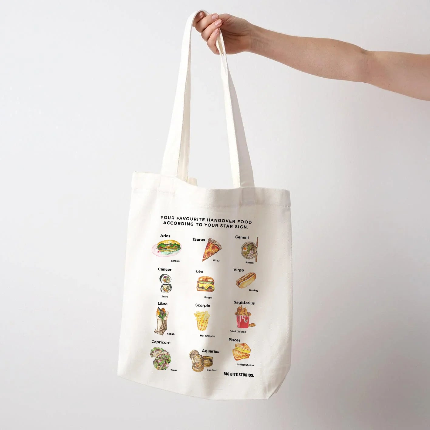BIG BITE STUDIOS YOUR FAVOURITE HANGOVER FOOD ACCORDING TO YOUR STAR SIGN TOTE BAG