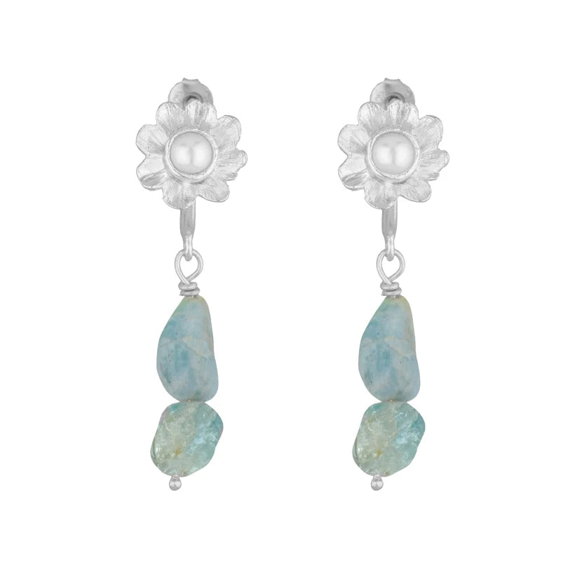 CLEOPATRA'S BLING PERDITA EARRINGS W AQUAMARINE & PEARL: SILVER