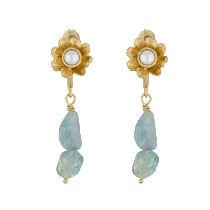 CLEOPATRA'S BLING PERDITA EARRINGS W AQUAMARINE & PEARL: GOLD