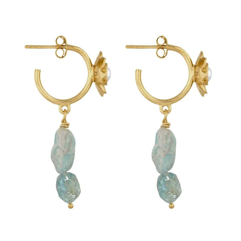 CLEOPATRA'S BLING PERDITA EARRINGS W AQUAMARINE & PEARL: GOLD