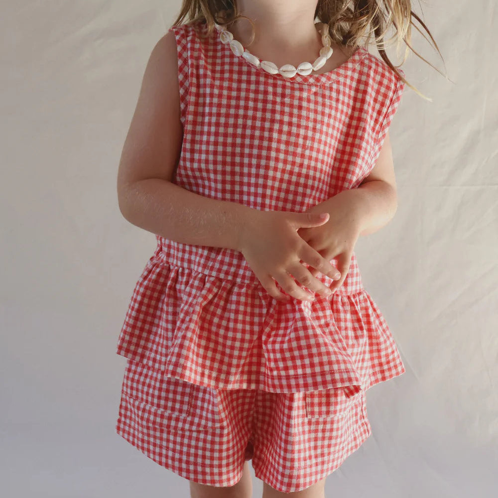 WORN CURATIONS CHECKY SWING TOP: CHILLI