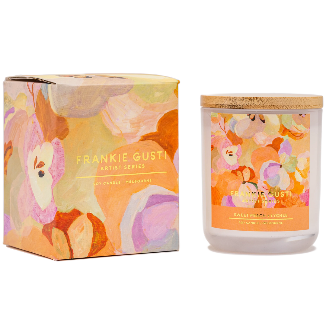 FRANKIE GUSTI ARTIST SERIES CANDLE: SWEET PEACH &amp; LYCHEE/ JADE FISHER