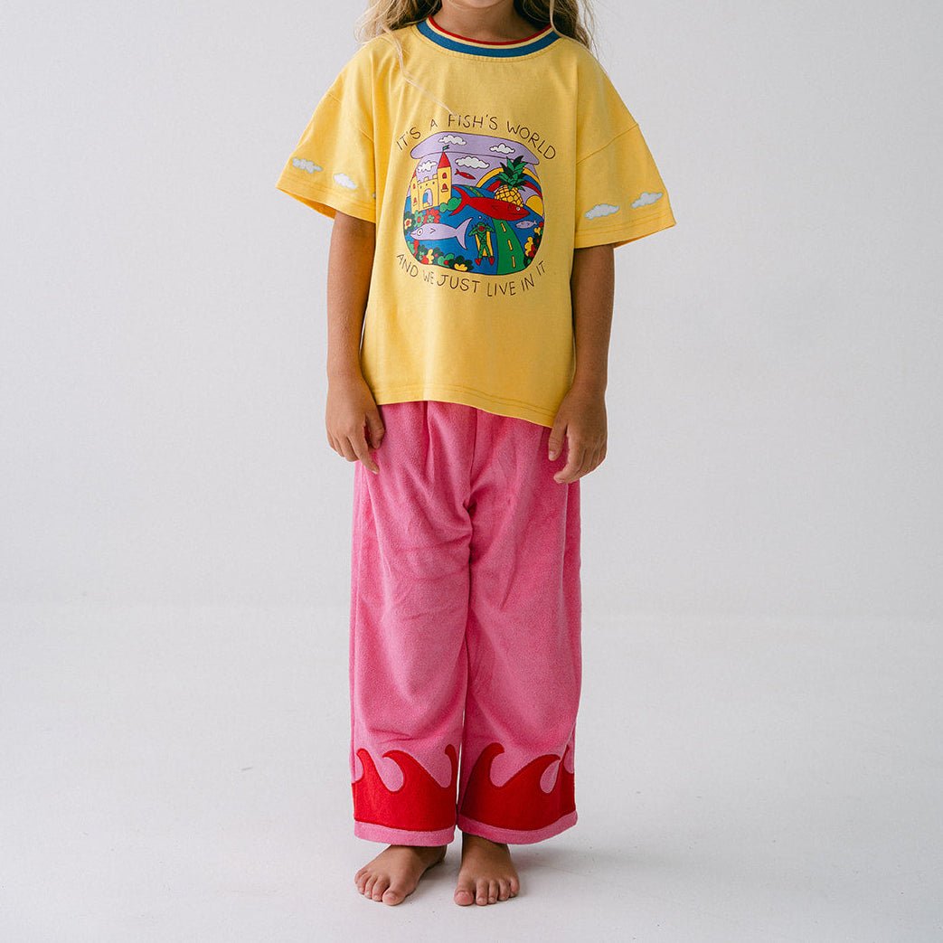 SPICY DUGONG KIDS WAVE TERRY PANTS: CORAL CRUSH