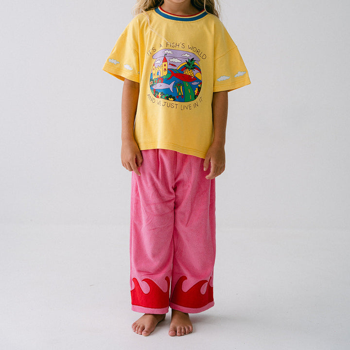 SPICY DUGONG KIDS WAVE TERRY PANTS: CORAL CRUSH