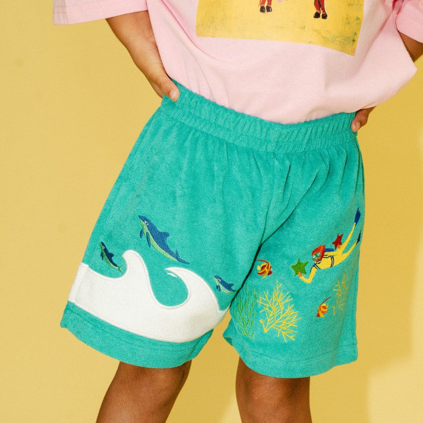 SPICY DUGONG KIDS TERRY SCUBA SHORTS: AQUA