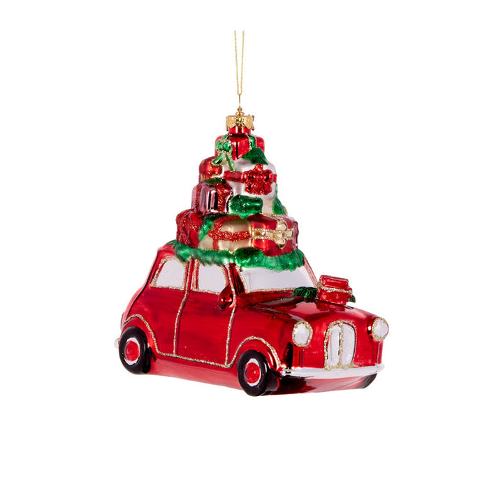 CAR WITH PRESENTS GLASS ORNAMENT 1
