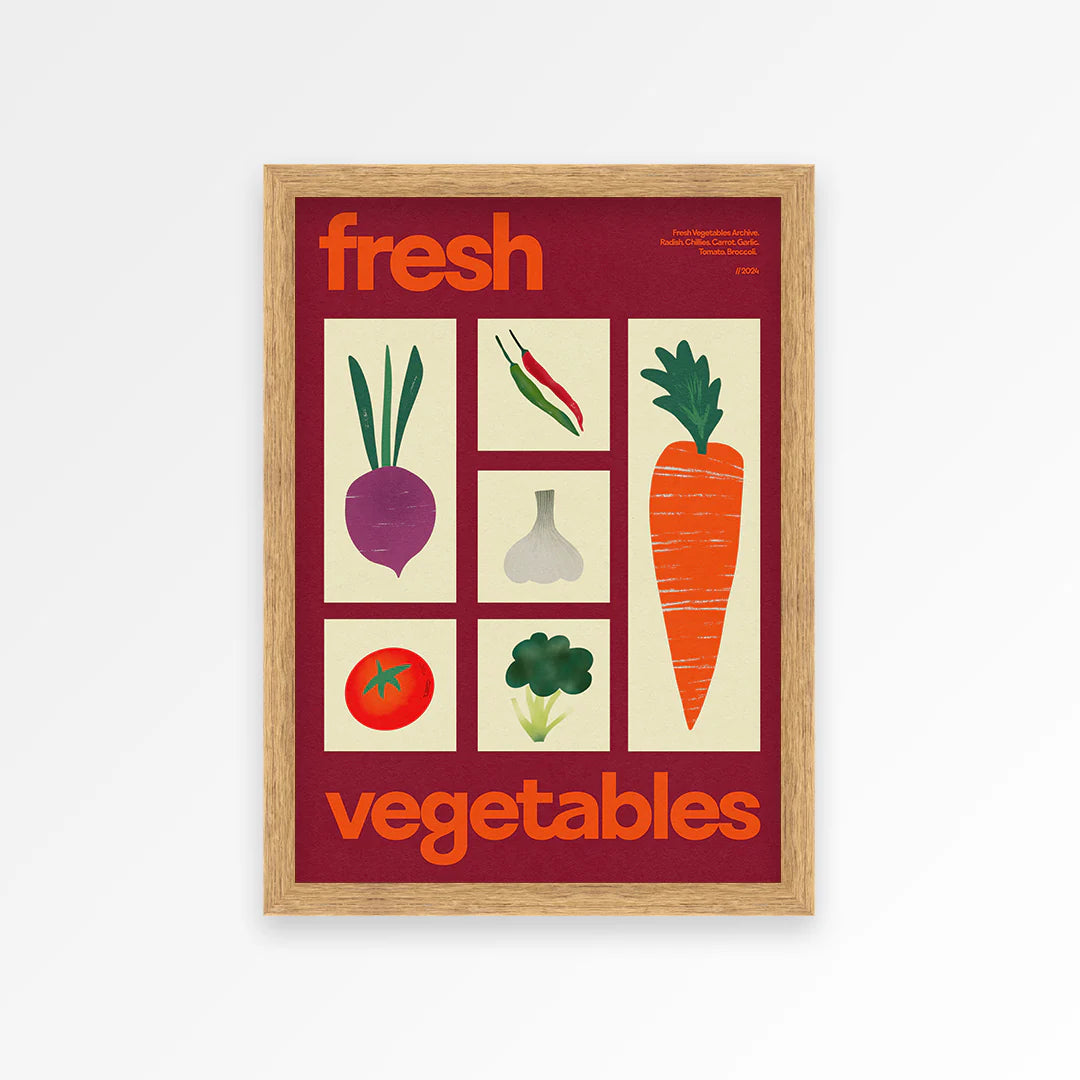 PROPER GOOD FRESH VEGETABLES PRINT: A3/OAK FRAME