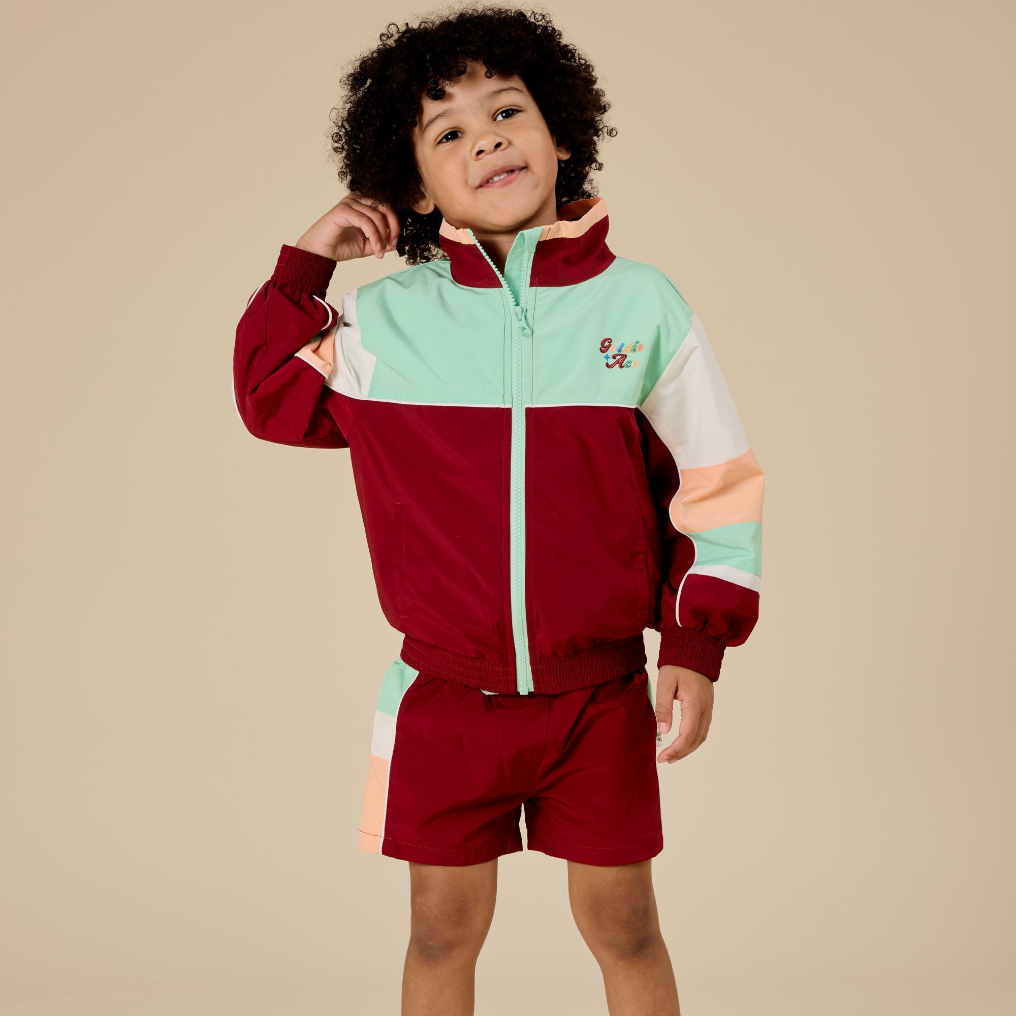 GOLDIE & ACE RETRO SPORTY SHORTS: BRICK/PEAPOD