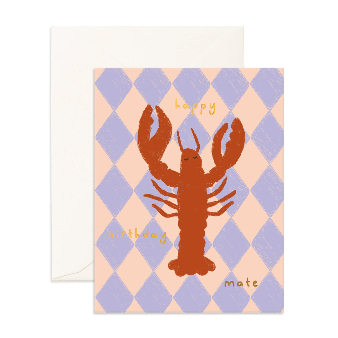 Greeting card with a lobster illustration and 'happy birthday mate' text on a checkered background