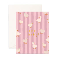 Greeting card with duck illustrations and 'hello baby!' text on a pink striped background