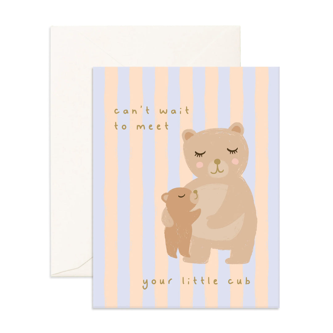 Greeting card with two bear illustrations and text 'can't wait to meet your little cub' on a striped background