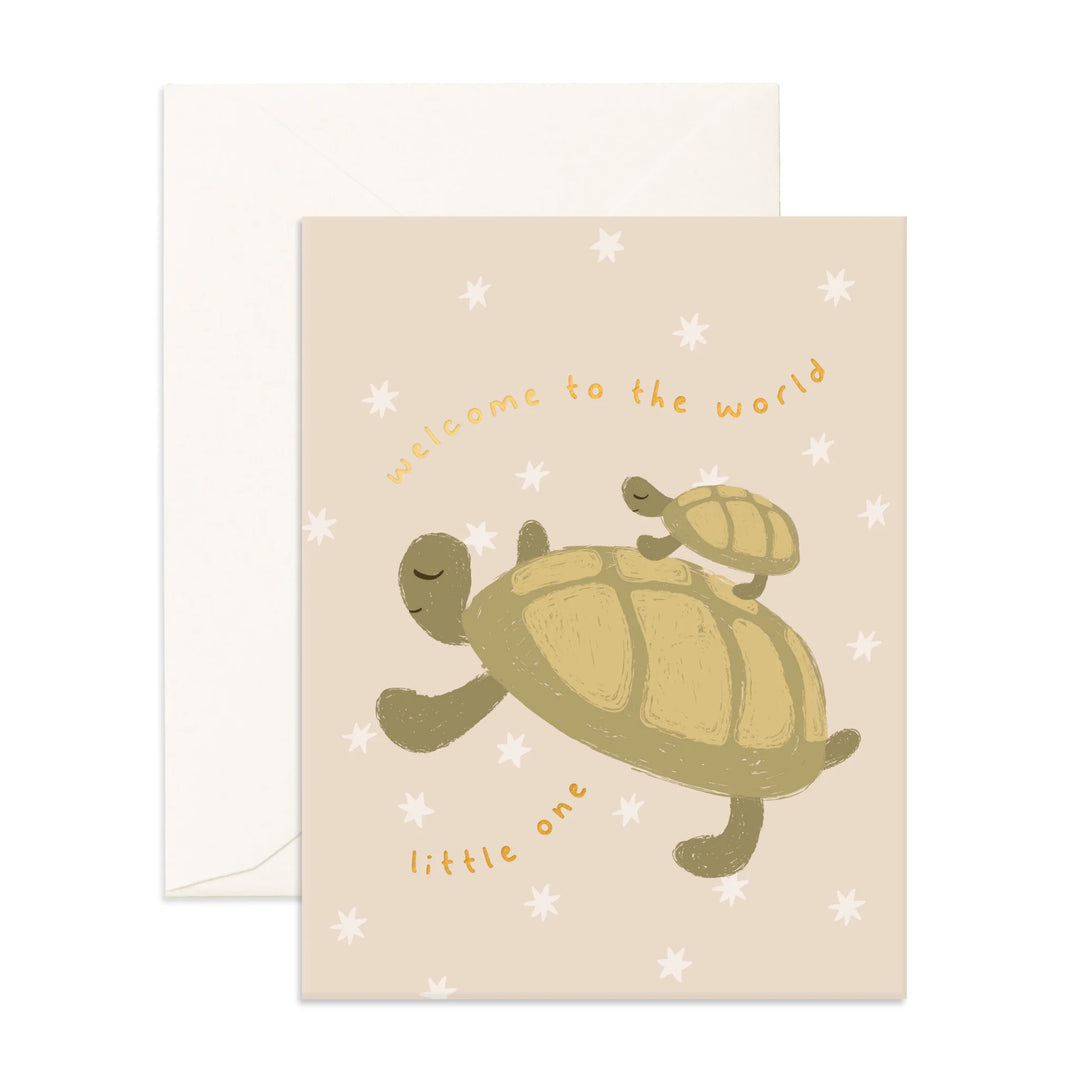 Newborn card with turtle illustration and text 'Welcome to the world little one' on a beige background.