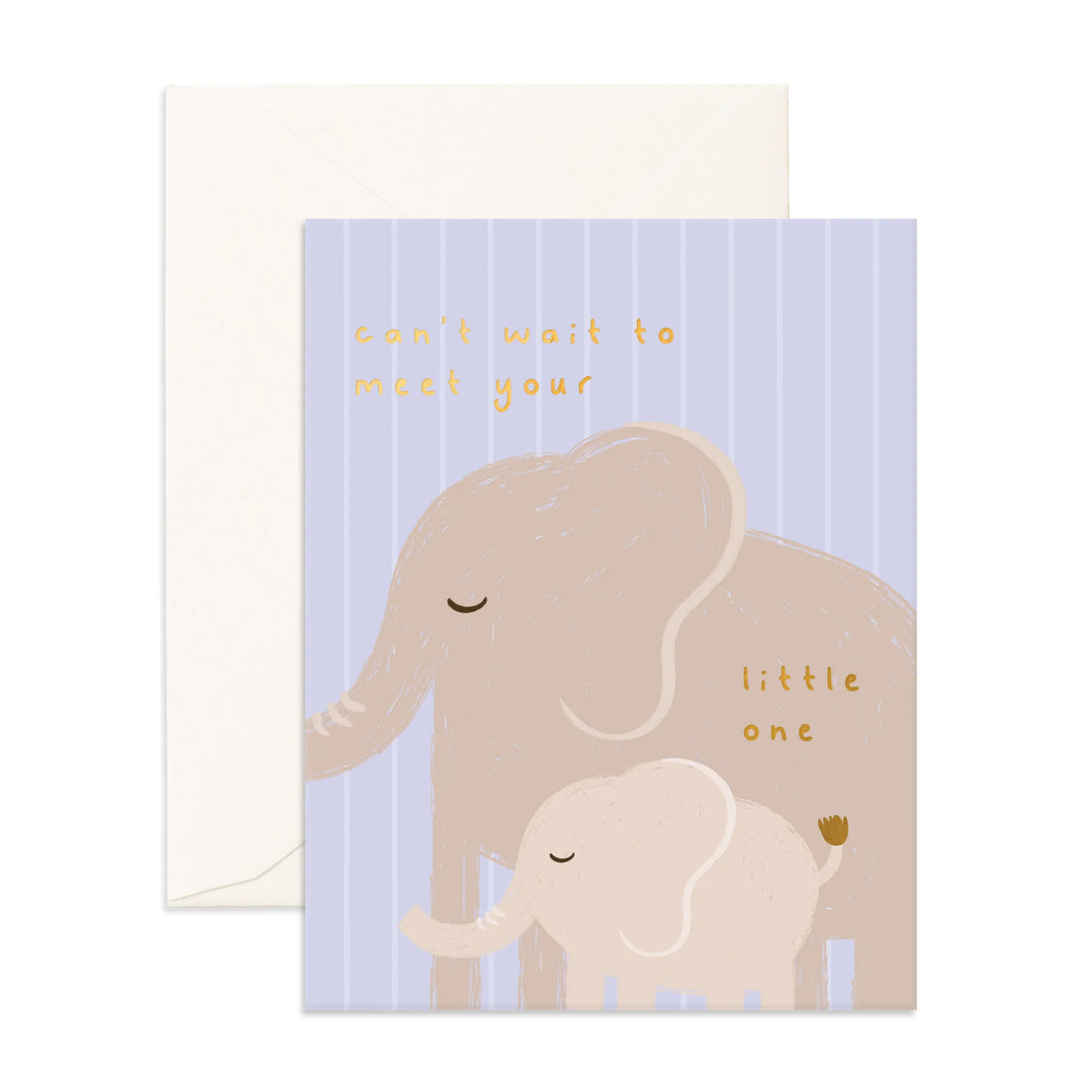 Greeting card with two elephants and text that says "can't wait to meet your little one" on a light purple background