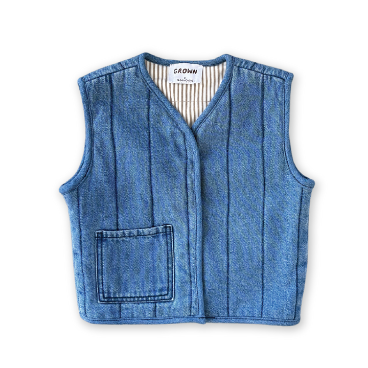 GROWN QUILTED REVERSIBLE VEST: DENIM/PAINT