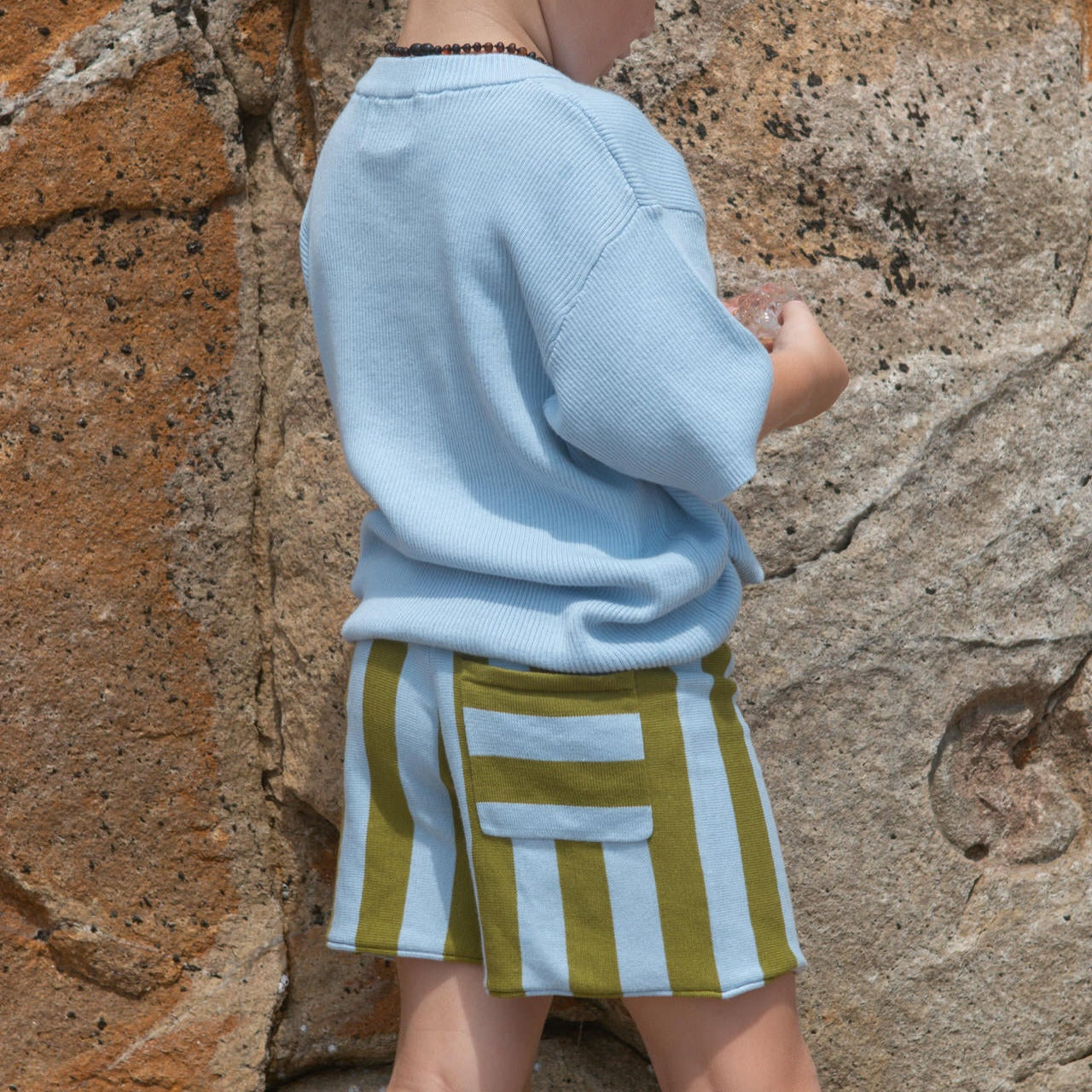 GROWN VERTICAL STRIPE KNIT SHORTS: OCEAN/LEAF