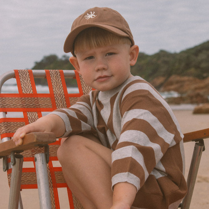 GROWN ORGANIC VERTICAL STRIPE KNIT ROMPER: GREY MARLE & BROWNIE