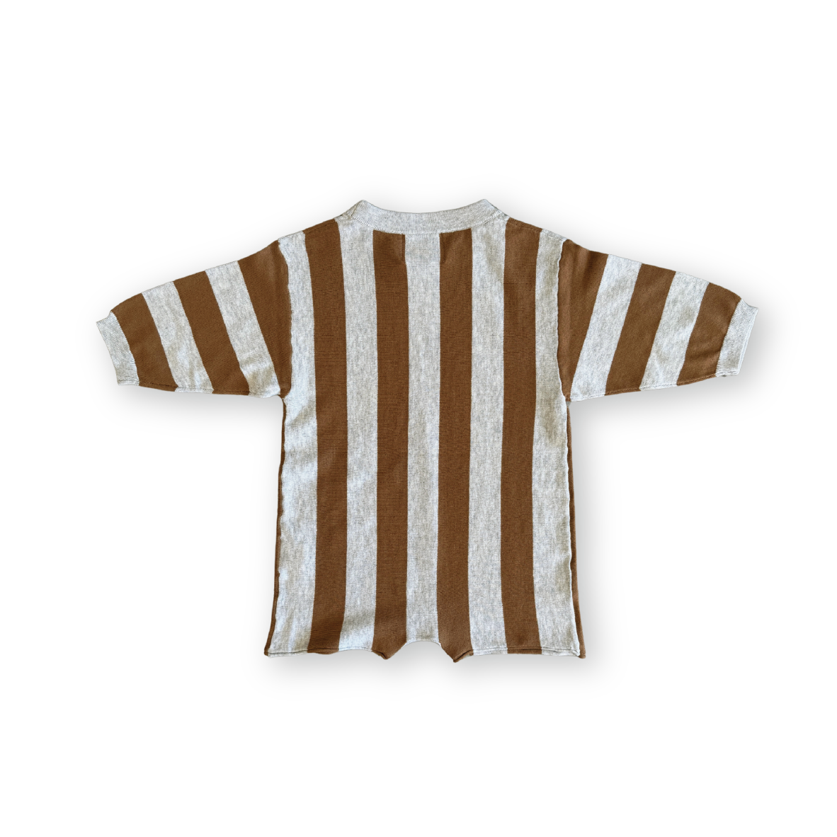 GROWN ORGANIC VERTICAL STRIPE KNIT ROMPER: GREY MARLE & BROWNIE