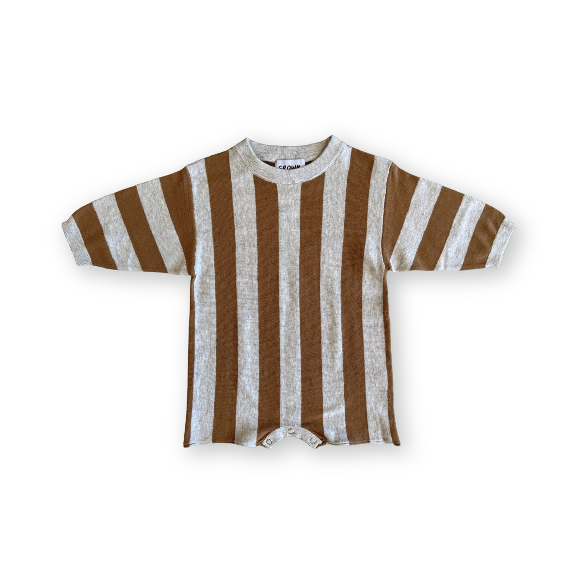 GROWN ORGANIC VERTICAL STRIPE KNIT ROMPER: GREY MARLE & BROWNIE