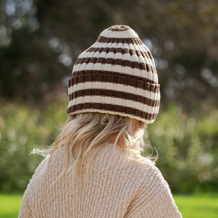 GROWN ORGANIC STRIPED PIXIE RIB BEANIE: ESPRESSO