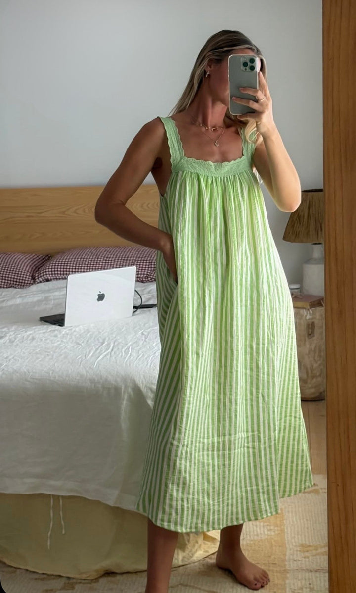 Alakai Juno Lace Neck Slip Dress, emerald stripe
