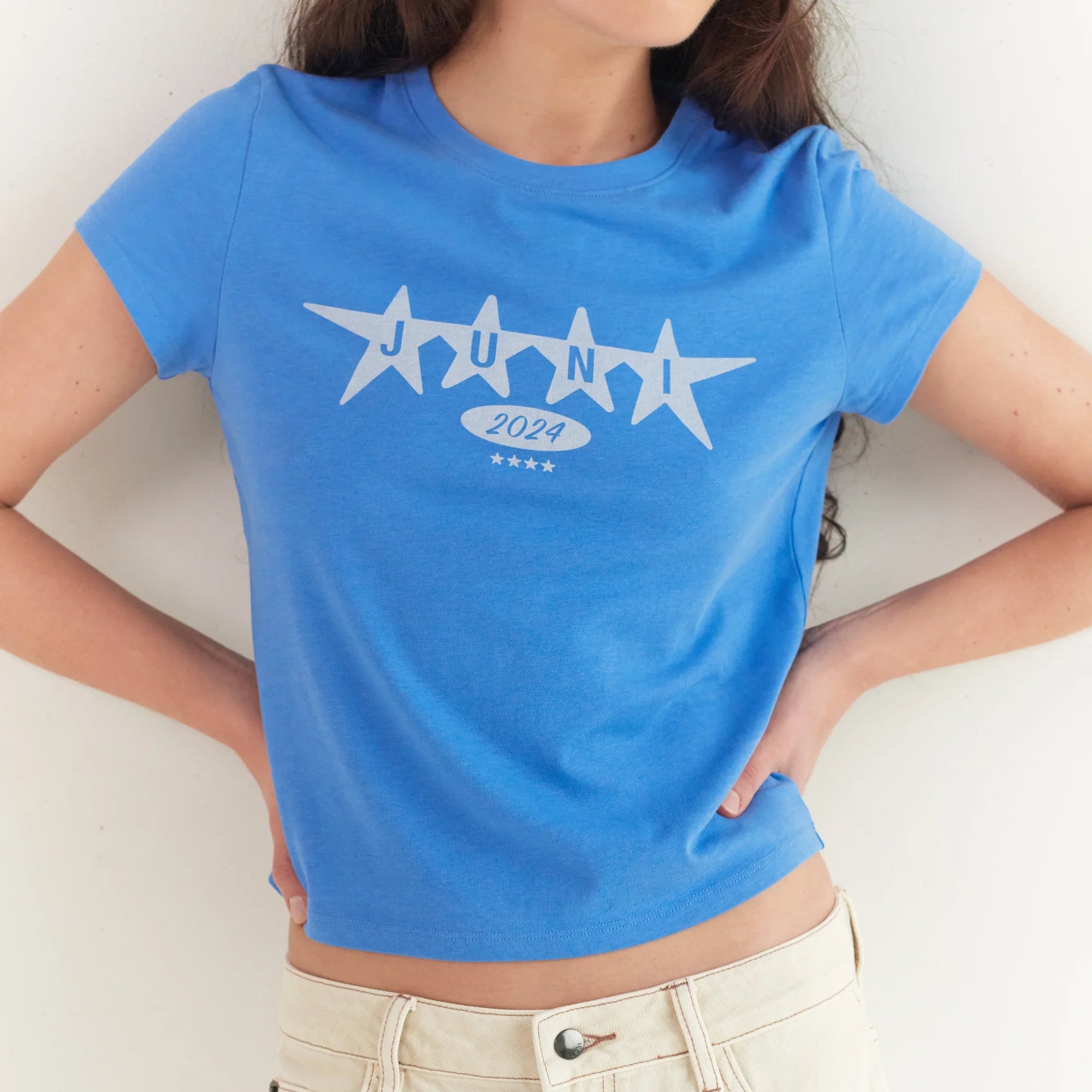 JUNI WOMENS STAR BABY TEE: AZURE