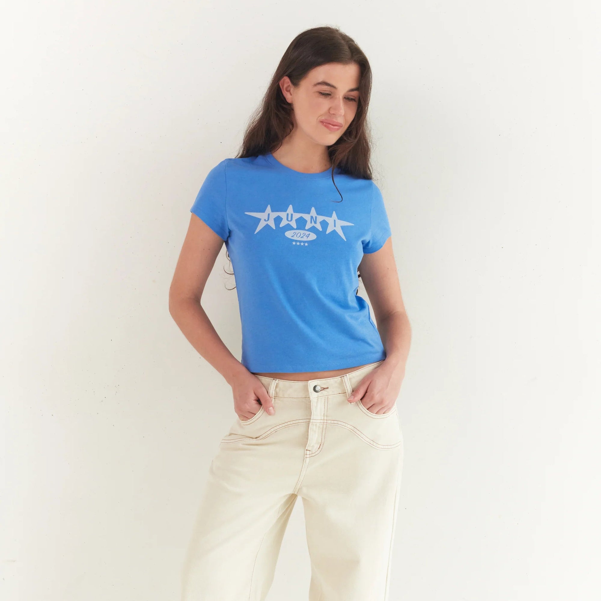JUNI WOMENS STAR BABY TEE: AZURE