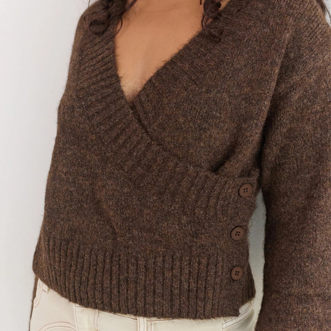 JUNI WOMENS SERENA WRAP CARDIGAN: BRUNETTE