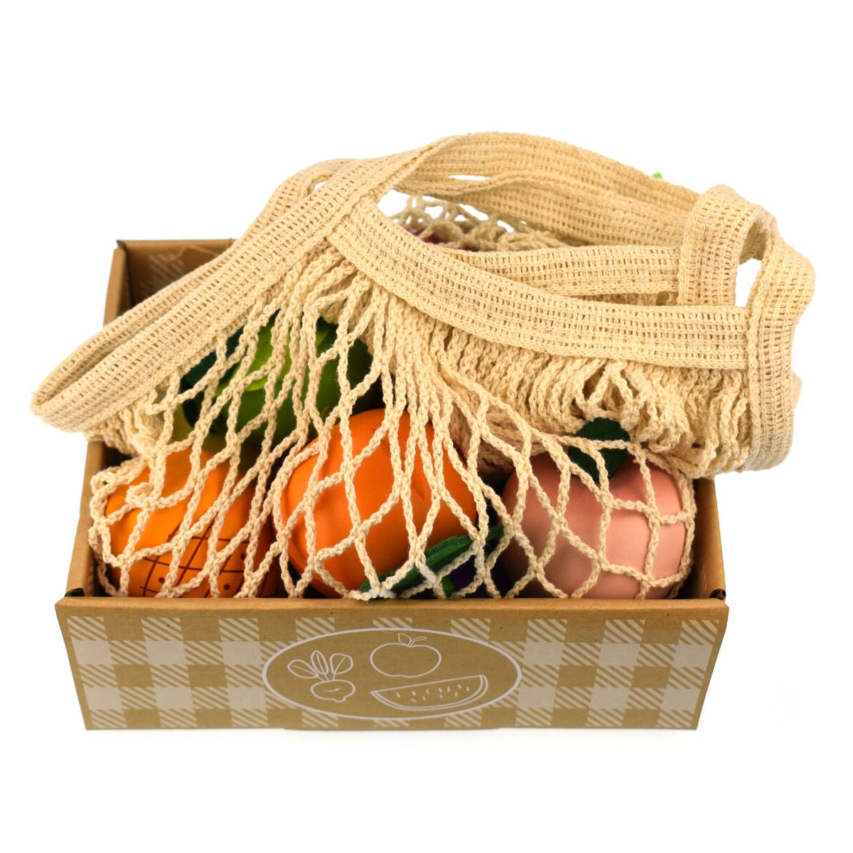 WOODEN FRUIT & VEGETABLES WITH COTTON MESH SHOPPING BAG: 10PC SET