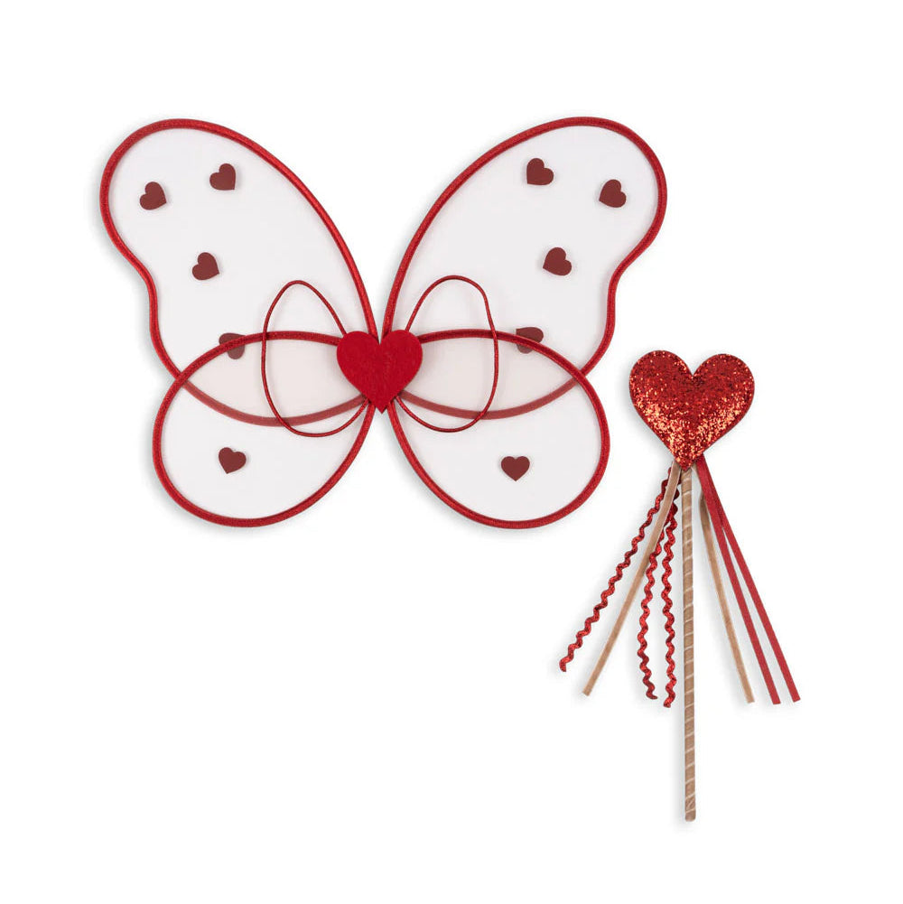 Butterfly wings with heart design and a matching wand on a white background